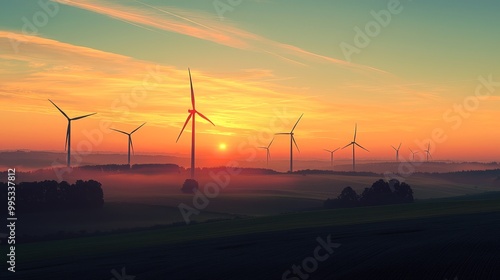 Wind farm silhouetted against a colorful sunset, symbolizing sustainable energy production photo