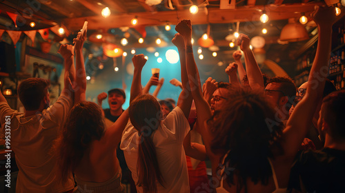 Soccer Club Members Cheering for Their Team, Playing in an International Cup Final. Supportive Fans Standing in a Bar, Cheering, Raising Hands and Shouting. Friends Celebrate Vict photo