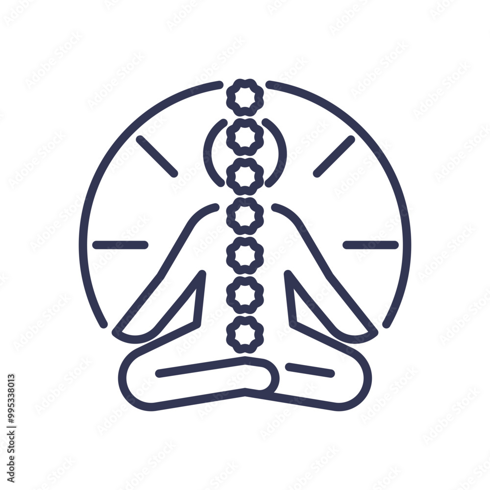 Line art of a meditating figure with chakras aligned, symbolizing energy flow and balance. Line art of a meditating figure with chakras aligned, symbolizing energy flow and balance.