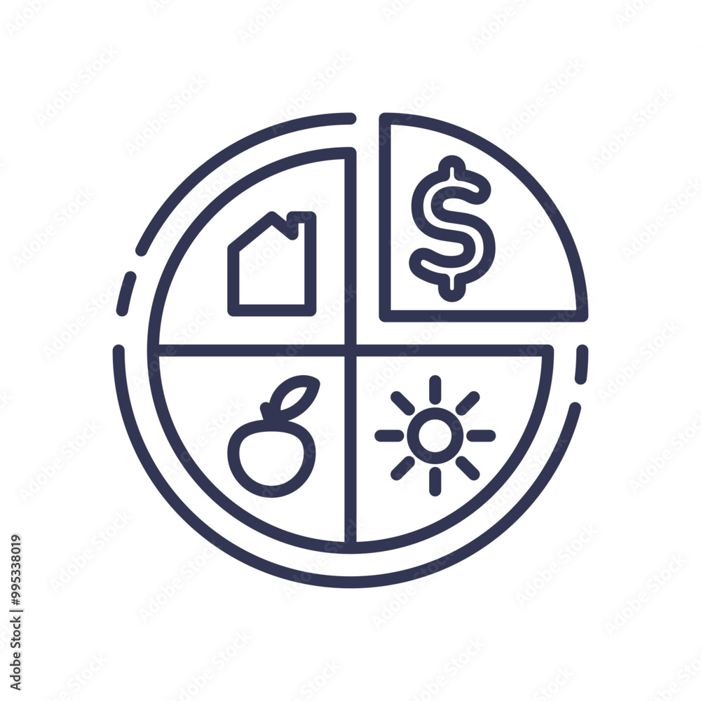 Pie chart with icons representing home, money, food, and energy, symbolizing expense distribution. Pie chart with icons representing home, money, food, and energy, symbolizing expense distribution.