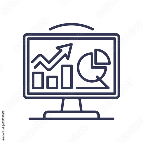 Illustration of a financial dashboard with bar chart, line graph, and pie chart on a computer screen, symbolizing data analysis and financial performance tracking.