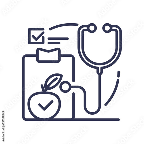 Illustration of a nutrition consultation with a clipboard, stethoscope, and apple symbolizing health and dietary planning.