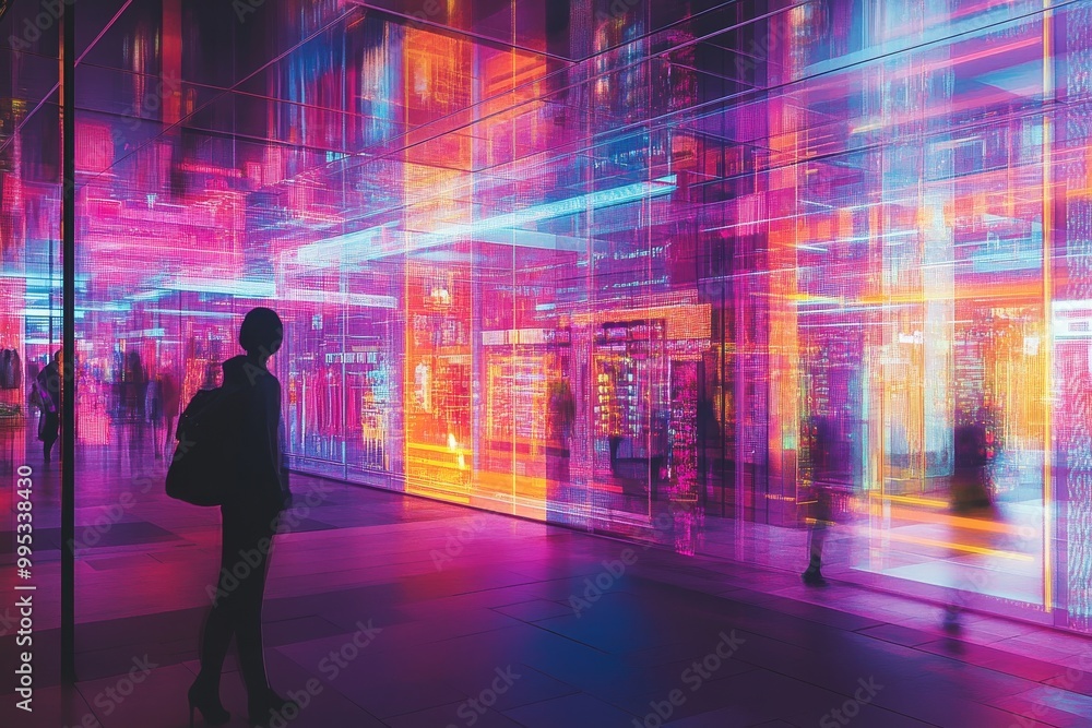 A man stands in front of a neon sign that is lit up in a neon color A man stands in front of a neon sign that is lit up in a neon color