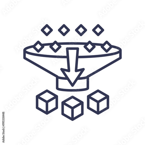A funnel filtering diamonds into cubes, symbolizing simplification and data processing.