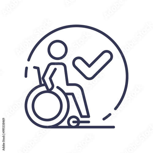 Line art of a person in a wheelchair with a checkmark, symbolizing accessibility and inclusivity.