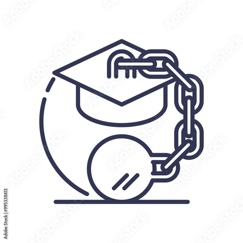 A graduation cap chained to a ball, symbolizing the burden of student debt.