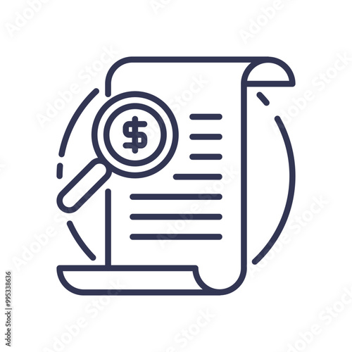 A magnifying glass with a dollar sign over a document, symbolizing financial review and analysis.