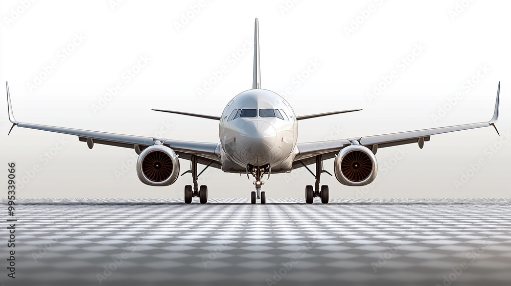 Commercial airplane on a runway during early morning with clear skies and distant horizon Commercial airplane on a runway during early morning with clear skies and distant horizon