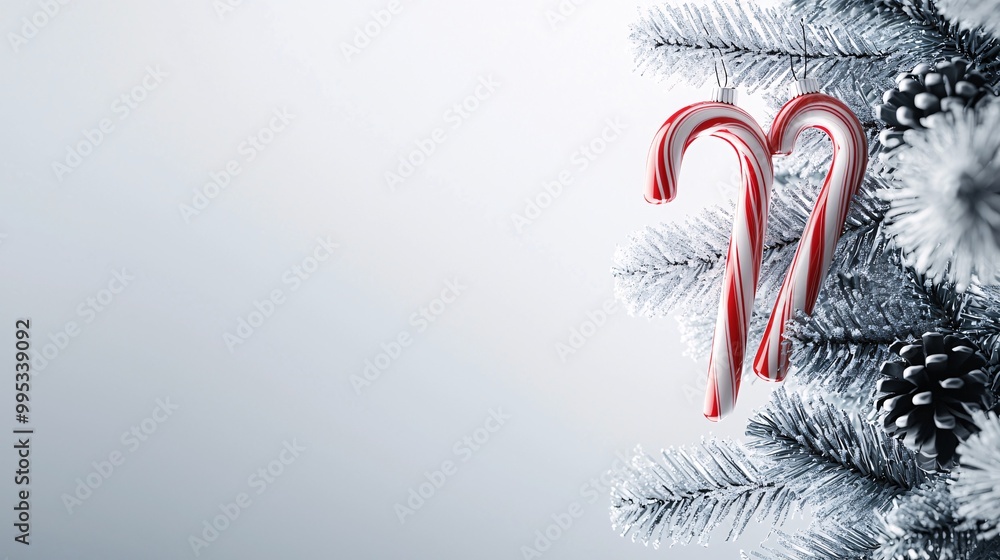 Red and black candy canes hanging from a frosted Christmas tree, 3D illustration Red and black candy canes hanging from a frosted Christmas tree, 3D illustration