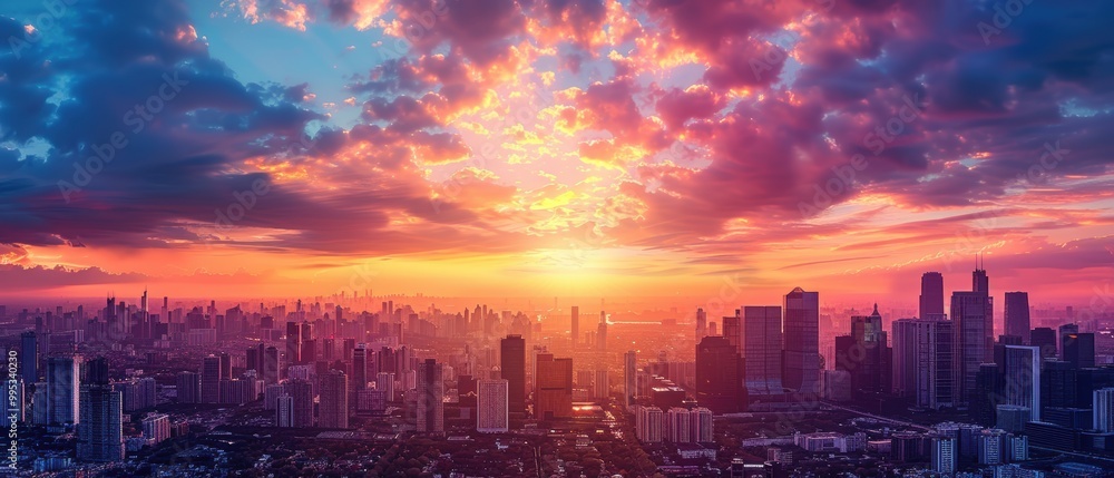 Fototapeta premium Vibrant Sunset Over a City Skyline at Dusk