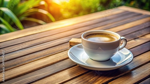 Cup of coffee and saucer with sugar on wooden table at terrace