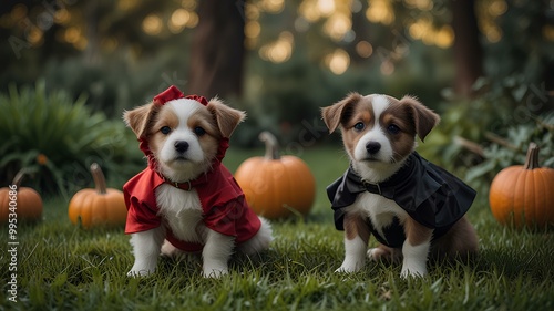 Adorable Puppies in Whimsical Halloween Costumes Amid Moody Garden Backdrop.