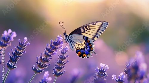 A beautifully patterned butterfly hovering above a lavender field, its wings moving gracefully as it enjoys the peaceful surroundings. photo