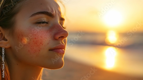 Close-up of Woman's Face with Dermatitis at Sunset.