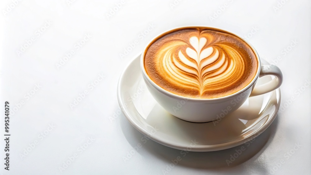 Cup of coffee with tulip shape latte art in white background worm's eye view Cup of coffee with tulip shape latte art in white background worm's eye view