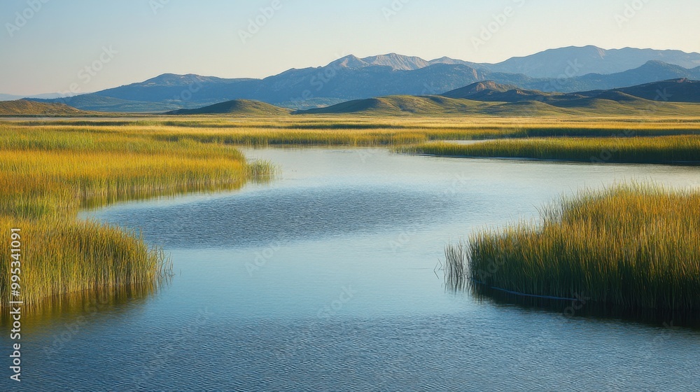 A calm river with a green grassy bank A calm river with a green grassy bank