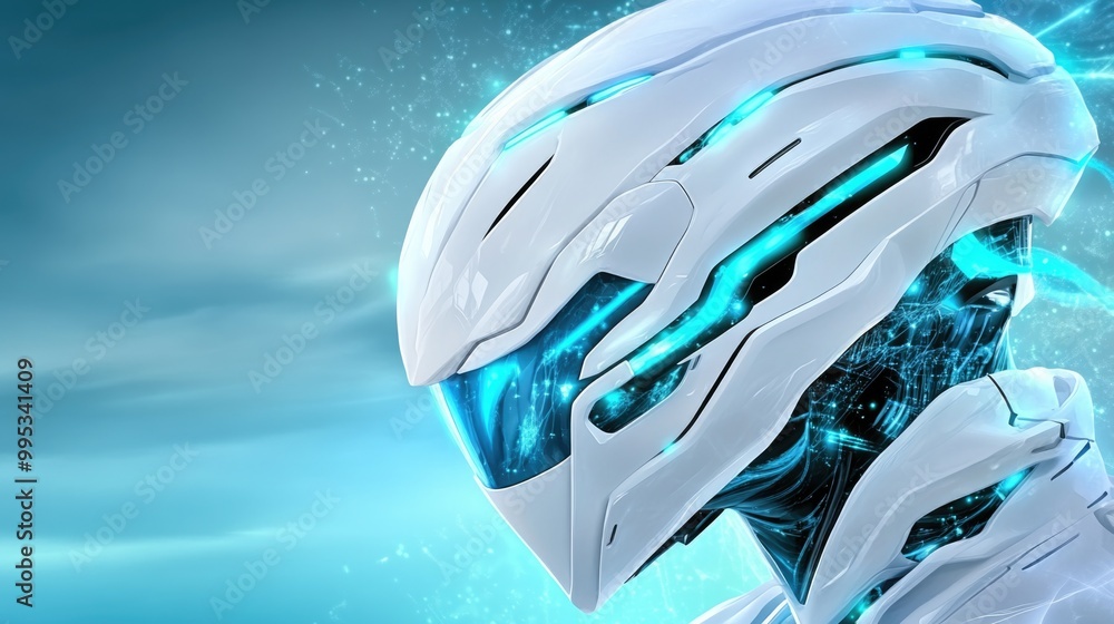 Futuristic cyborg with advanced technology helmet in digital environment Futuristic cyborg with advanced technology helmet in digital environment