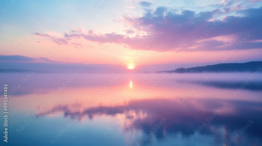 Fototapeta premium A beautiful sunset over a calm lake with a reflection of the sun in the water