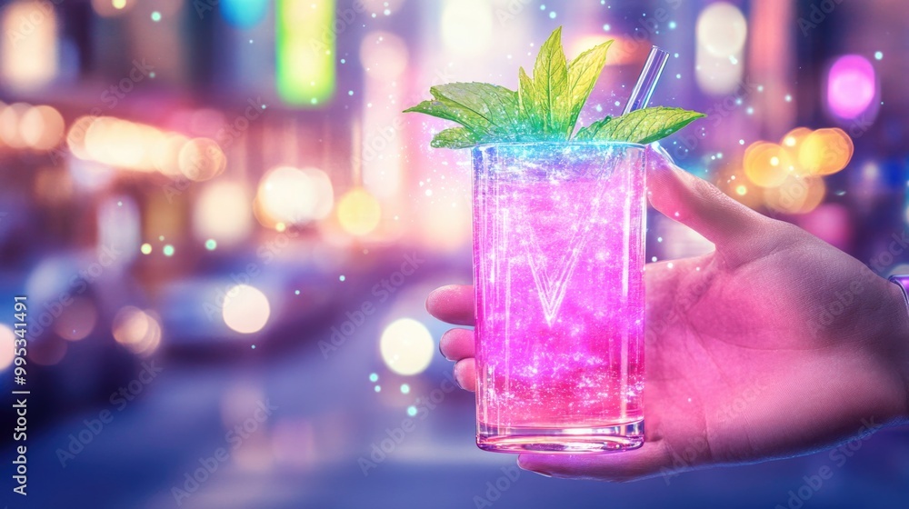 Neon cocktail in hand against vibrant city night lights Neon cocktail in hand against vibrant city night lights