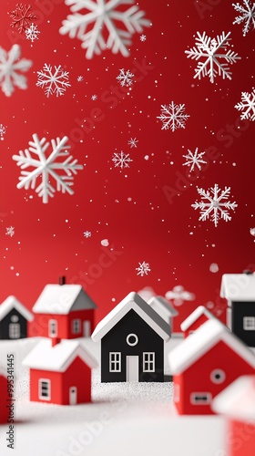 Snowflakes falling over a red and black Christmas village, 3D illustration