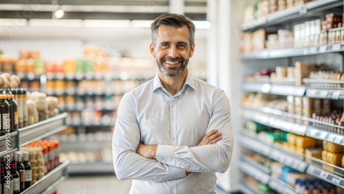 Portrait of a mature supermarket manager man with a kind smile inside his shop , grocery store shelves in background