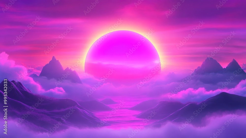 Vibrant neon sunset over mystical mountain landscape with purple clouds Vibrant neon sunset over mystical mountain landscape with purple clouds