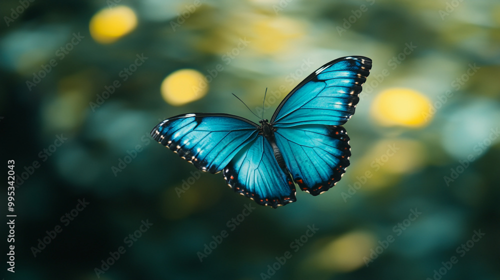 A vibrant blue butterfly gracefully flutters through a sunlit garden filled with soft foliage A vibrant blue butterfly gracefully flutters through a sunlit garden filled with soft foliage
