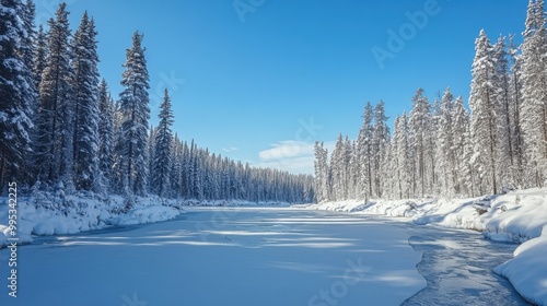 A river is frozen over with snow on the trees