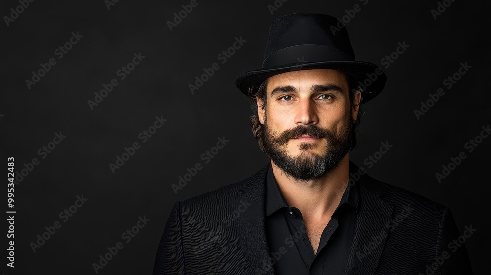Stylish Man in Black Suit and Hat Portrait Stylish Man in Black Suit and Hat Portrait