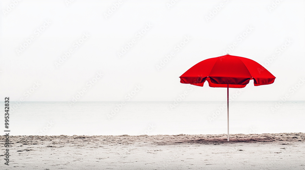 A vibrant red umbrella stands alone on the sandy beach near calm waters during a hazy afternoon A vibrant red umbrella stands alone on the sandy beach near calm waters during a hazy afternoon