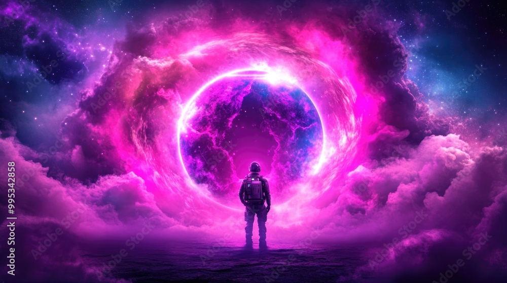 Fototapeta premium Futuristic astronaut gazing at mystical pink portal in cosmic clouds