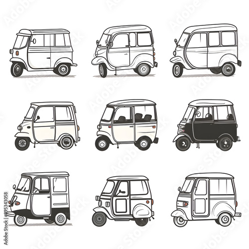 Set of tuk tuk, shuttle bus, mini bus on white background.