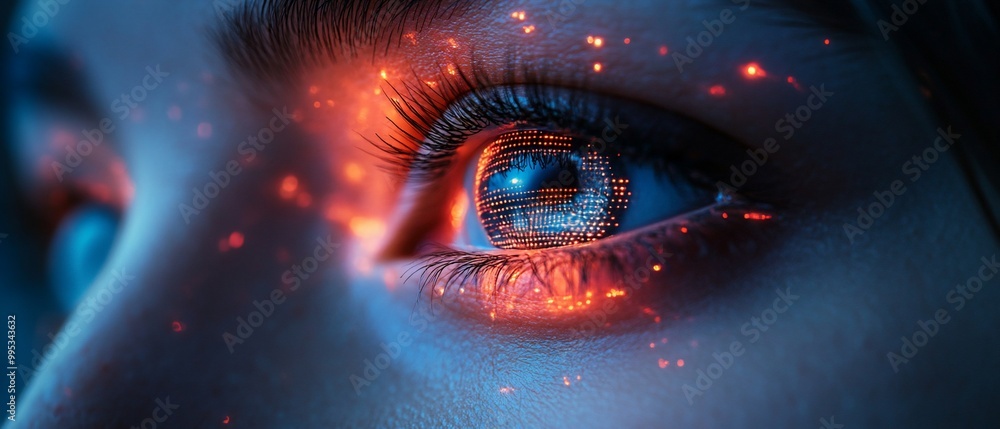 Close-up of an eye with a futuristic digital pattern. Close-up of an eye with a futuristic digital pattern.