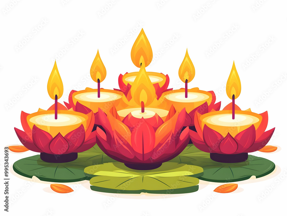 Flat Loy Krathong Illustration with Glowing Candles - Celebrate Thai Festival with Warm Glow and Festive Atmosphere in a Simple Vector Design Flat Loy Krathong Illustration with Glowing Candles - Celebrate Thai Festival with Warm Glow and Festive Atmosphere in a Simple Vector Design