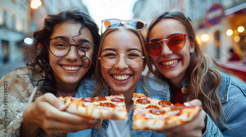 Fototapeta Naklejka Na Ścianę i Meble -  Three young female friends sitting outdoor and eating pizza - Happy women having fun enjoying a day out on city street - Happy lifestyle and tourism concept
