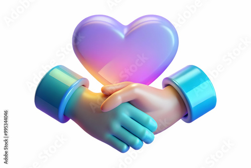 3D Floating Holographic Handshake and Glowing Heart for Unity and Human Rights Advocacy - Clean White Background with Copy Space photo