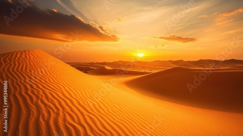 A desert landscape with a sun setting in the background