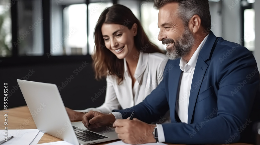 A photo of two business people smiling and working together on a laptop. A photo of two business people smiling and working together on a laptop.