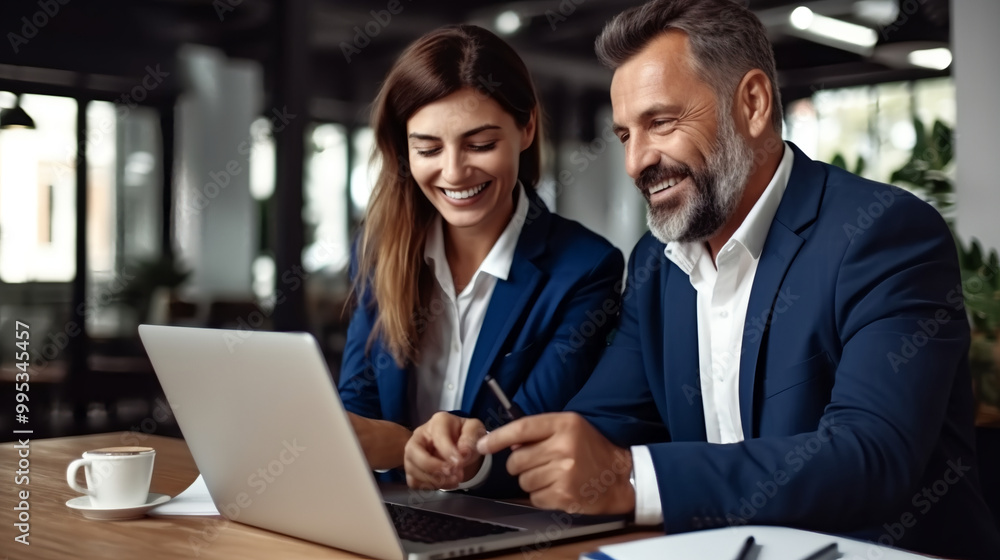 A photo of two business people smiling and working together on a laptop. A photo of two business people smiling and working together on a laptop.
