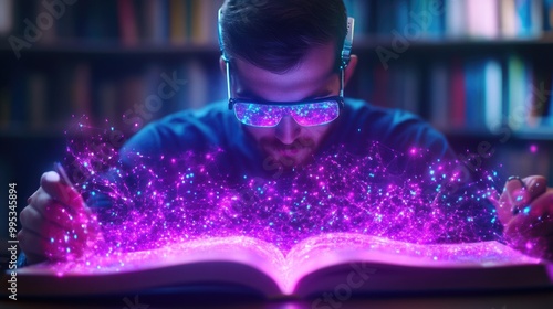 Man with futuristic glasses reading a book emanating digital purple light