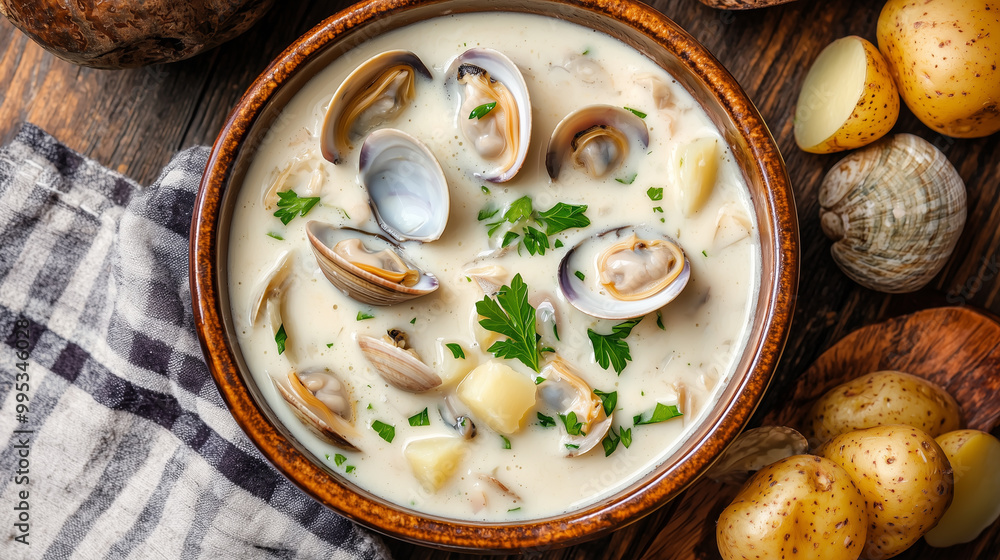 Creamy Artisanal Seafood Chowder with Fresh Clams and Potatoes in a Rustic Stoneware Bowl Creamy Artisanal Seafood Chowder with Fresh Clams and Potatoes in a Rustic Stoneware Bowl