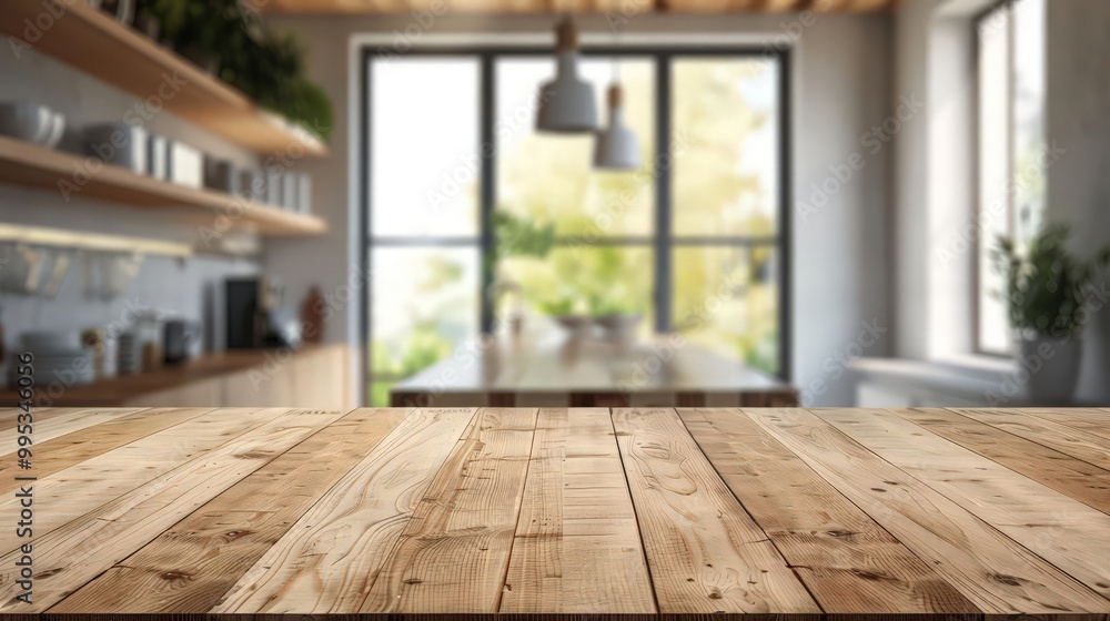 Wood table top on blurred kitchen background. can be used mock up for montage products display or design layout Wood table top on blurred kitchen background. can be used mock up for montage products display or design layout