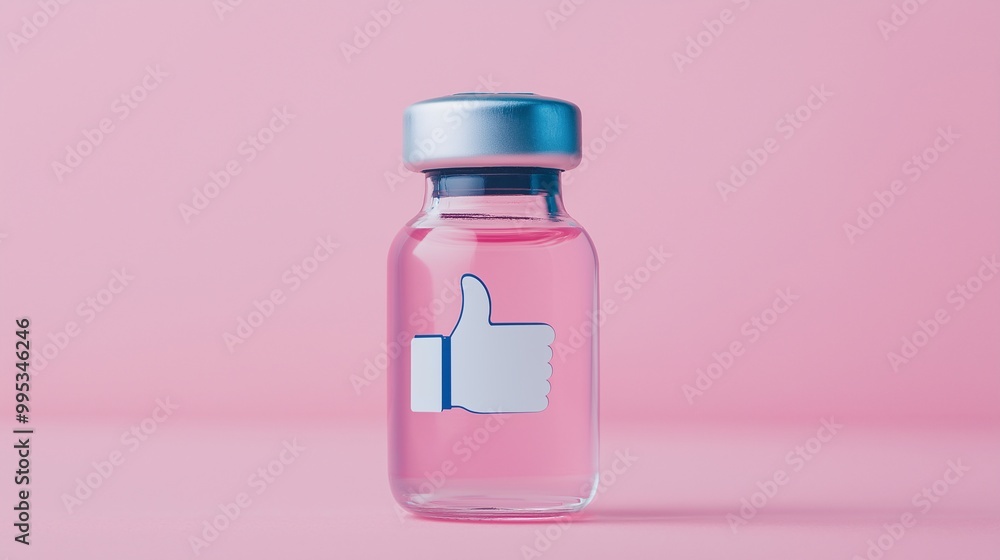 Vaccine Bottle with Like Symbol on Pink Background Vaccine Bottle with Like Symbol on Pink Background