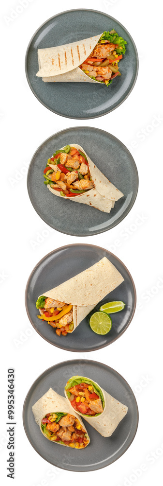 Various tacos on gray plates with vibrant fillings, isolated on white background. Various tacos on gray plates with vibrant fillings, isolated on white background.