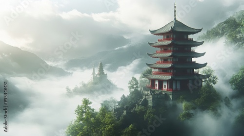 A pagoda standing majestically on a hilltop, with fog rolling in the background, creating a mystical atmosphere that highlights the beauty of ancient architecture. photo