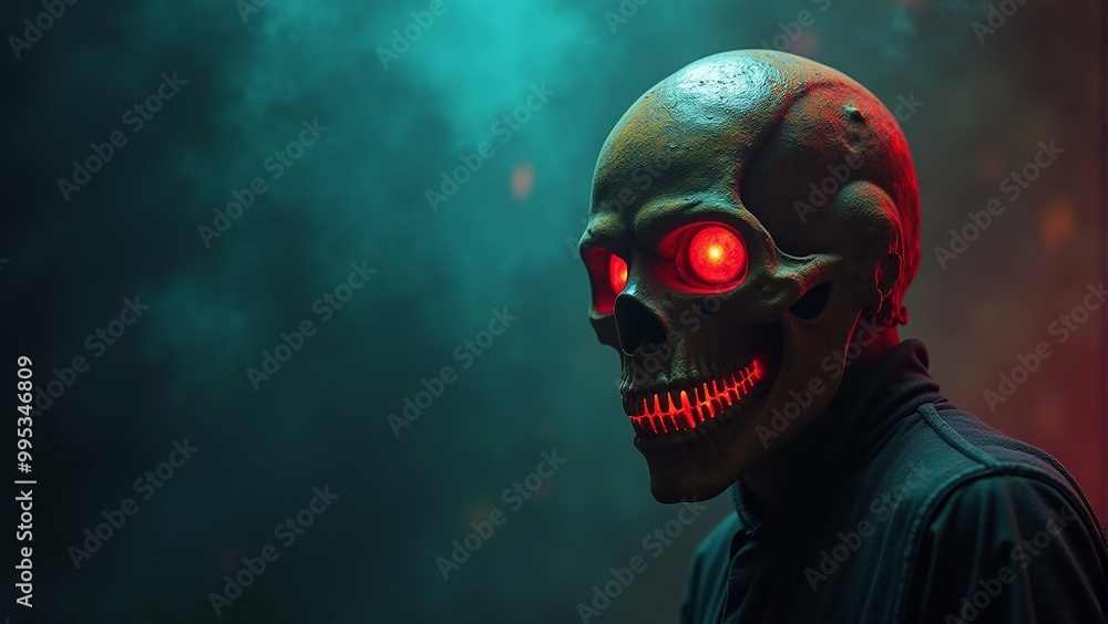 a human skull with red glowing eyes and teeth on a gray smoky background a human skull with red glowing eyes and teeth on a gray smoky background
