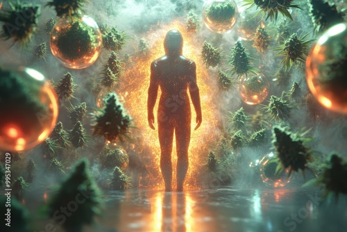 A figure surrounded by glowing orbs representing different strains of cannabis symbolizing the choices available in a legalized market photo