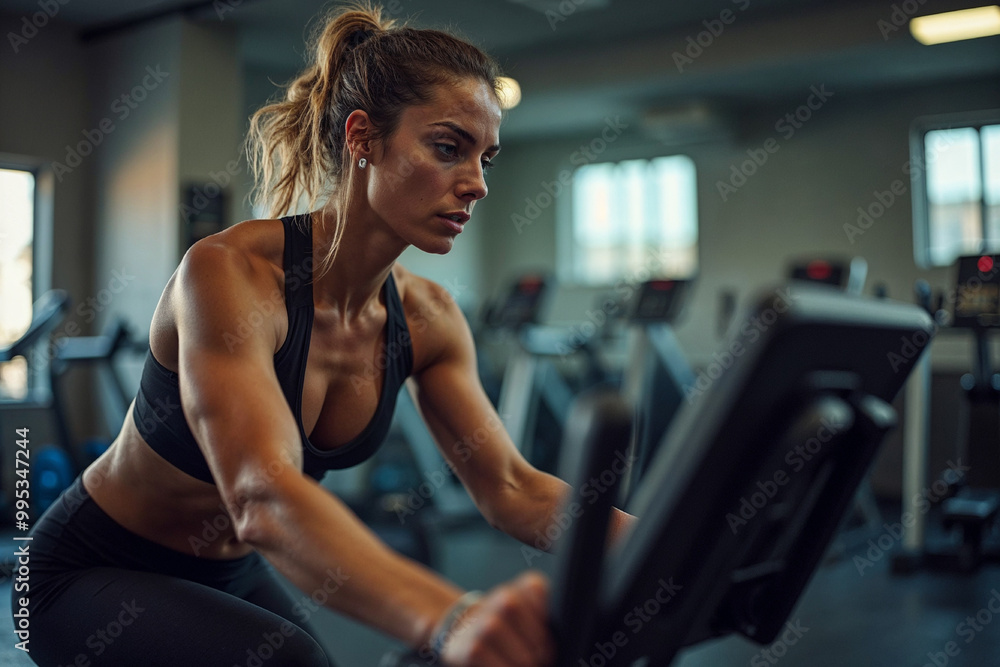 Exercise bike, intense and power with woman in gym for cardio training or physical workout. Fitness, sports and wellness with fierce athlete person in health club for challenge or performance Exercise bike, intense and power with woman in gym for cardio training or physical workout. Fitness, sports and wellness with fierce athlete person in health club for challenge or performance