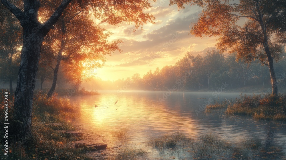 Serene sunset over a tranquil lake with autumn foliage. Serene sunset over a tranquil lake with autumn foliage.