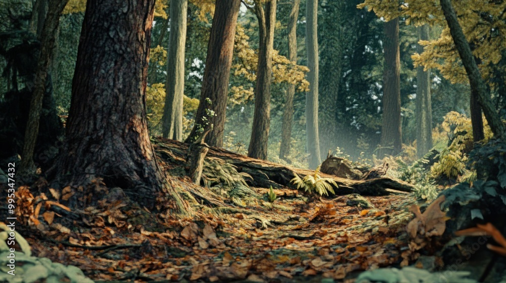 A Tranquil Forest Scene with Tall Trees and Fallen Leaves A Tranquil Forest Scene with Tall Trees and Fallen Leaves